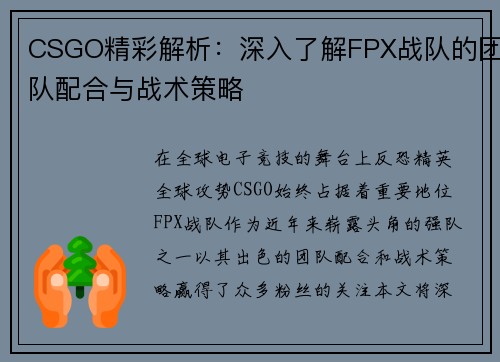CSGO精彩解析：深入了解FPX战队的团队配合与战术策略