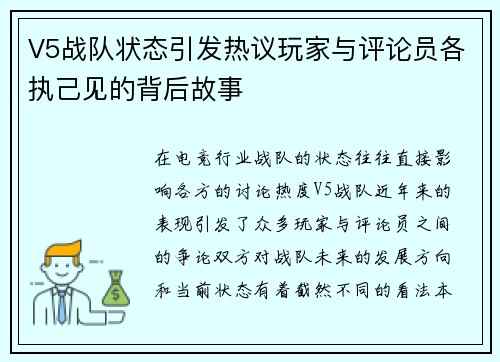 V5战队状态引发热议玩家与评论员各执己见的背后故事